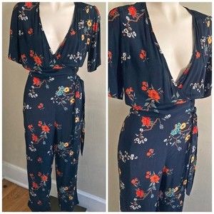 Dress Forum Navy Floral Wrap Jumpsuit with Red & Yellow Accents